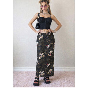 Carroll Reed Vtg Y2K Floral Maxi Skirt - Black/Gold - M